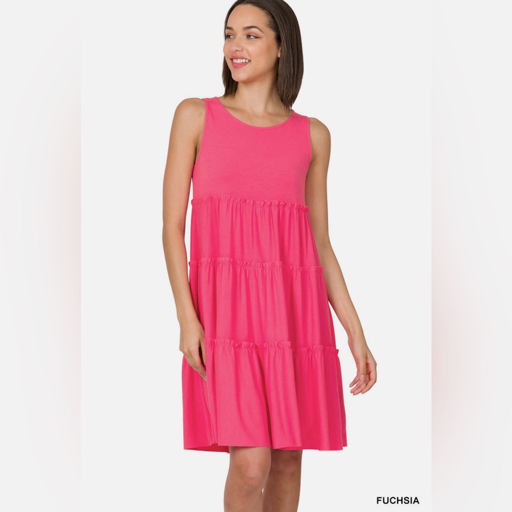 Zenana Fuchsia Sleeveless Jersey Ruffle Tiered Knee Length Midi Swing Dress-BNWT